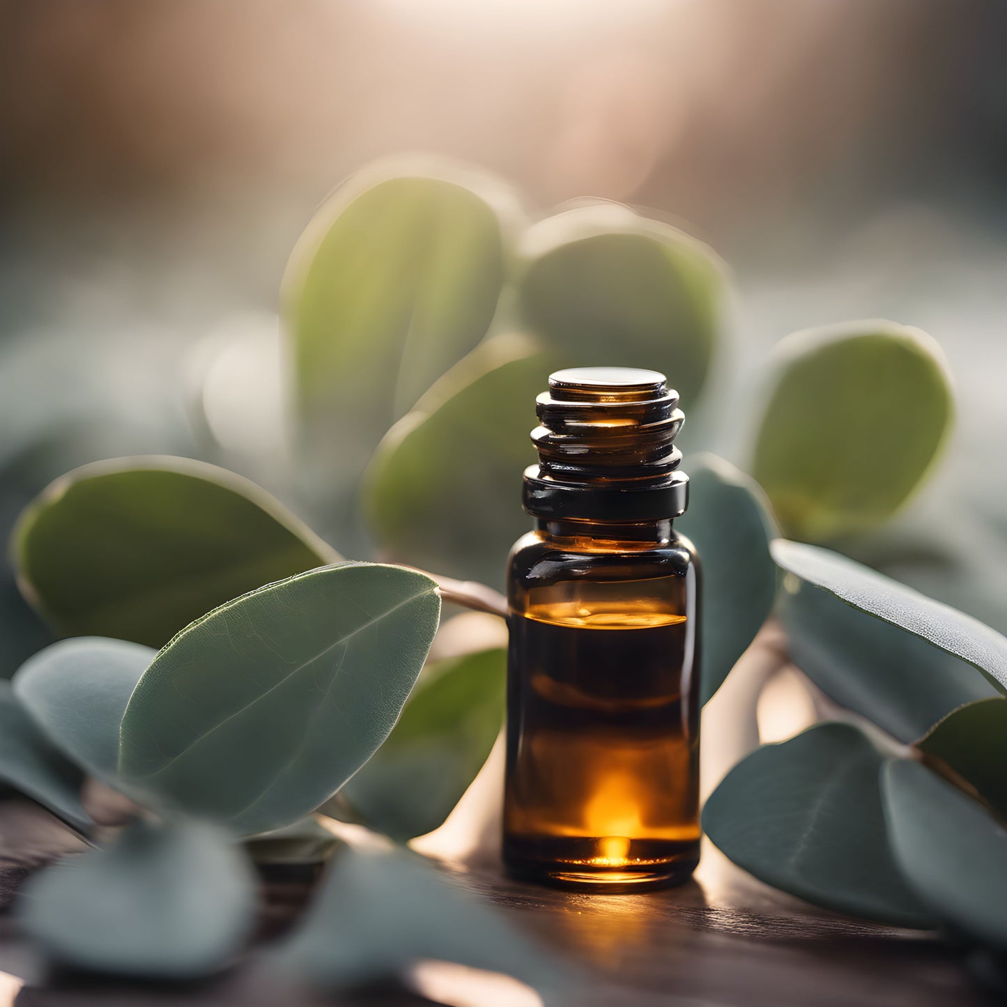 Amber glass bottle with a dropper on a wooden surface surrounded by eucalyptus leaves.