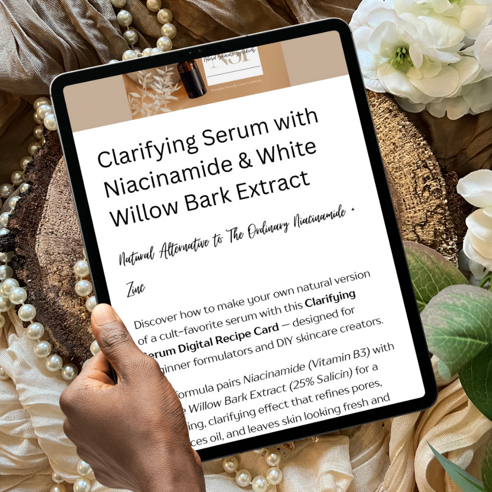 Digital recipe card for clarifying serum with niacinamide and white willow bark extract held by a hand.