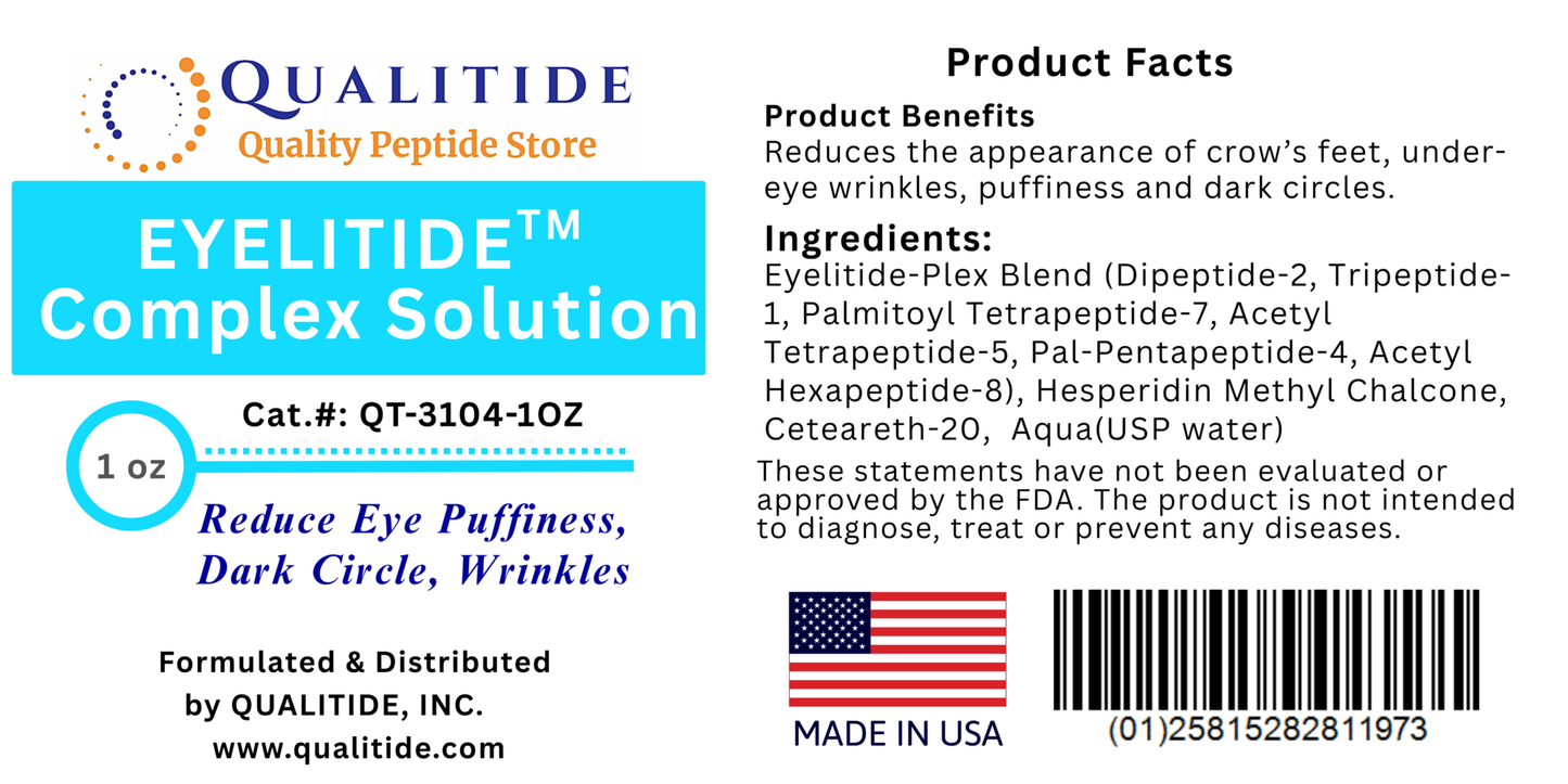 Label for EYELITIDETM Complex Solution by Qualitide with product benefits and ingredients listed.