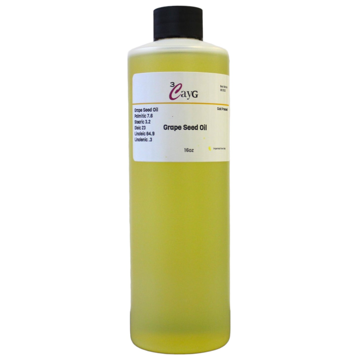 Bottle of grape seed oil with a label on a white background