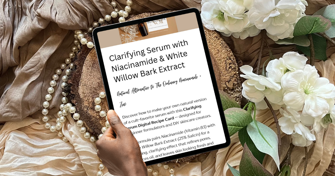 A flat lay featuring the digital recipe card mockup on a tablet with natural elements of flowers, wood and fabric.