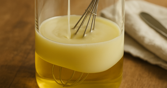A close up of a beaker filled with oil and water with a whisk to demonstrate making an emulsion