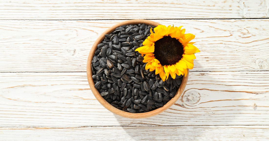 A bowl of sunflower seeds with a sunflower on a natural wood plank background