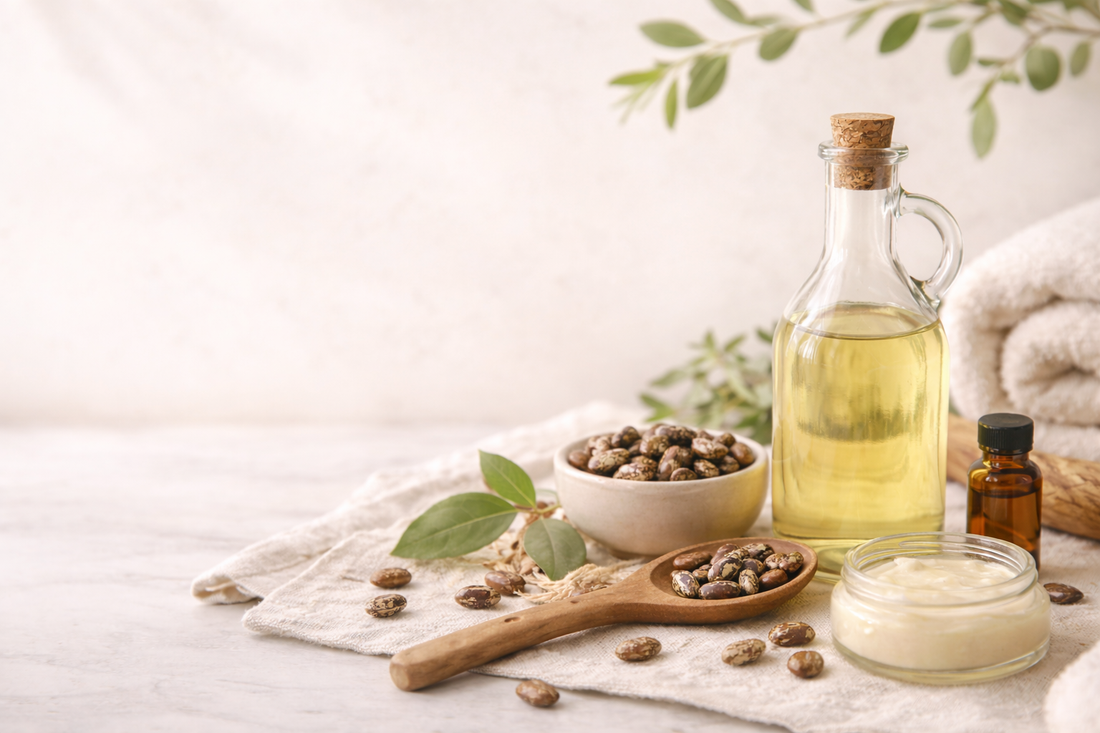 Natural castor oil displayed in a glass bottle alongside castor beans, a handmade balm, and linen cloth in a calm, neutral setting.