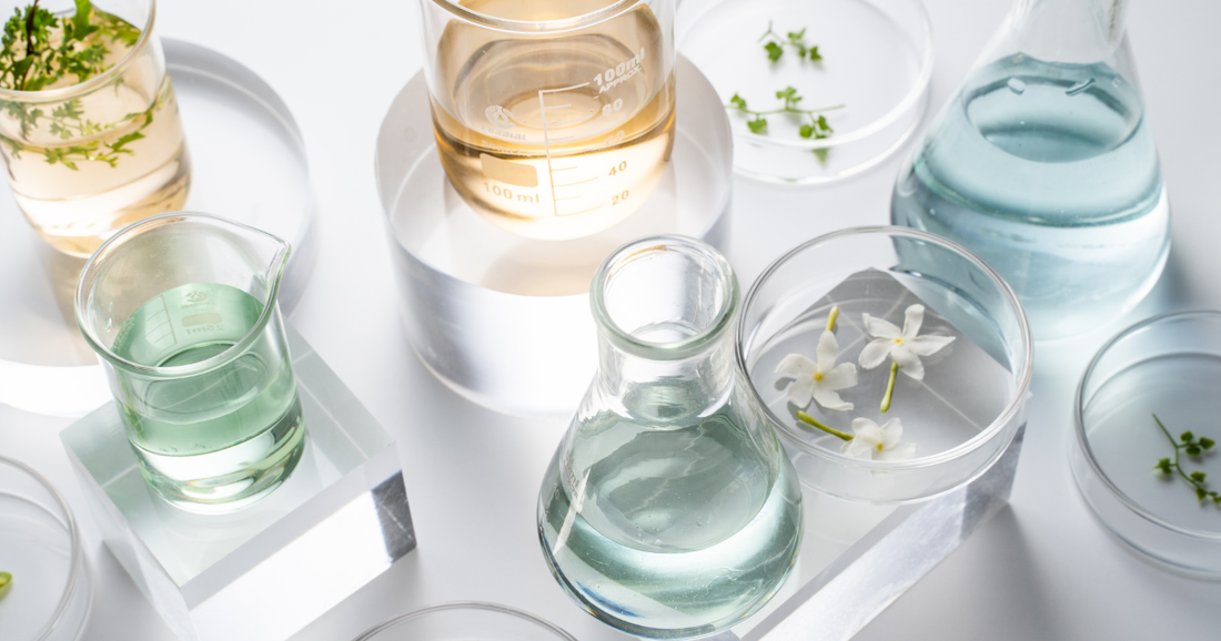 Bottles holding natural skincare preservatives for clean beauty formulations