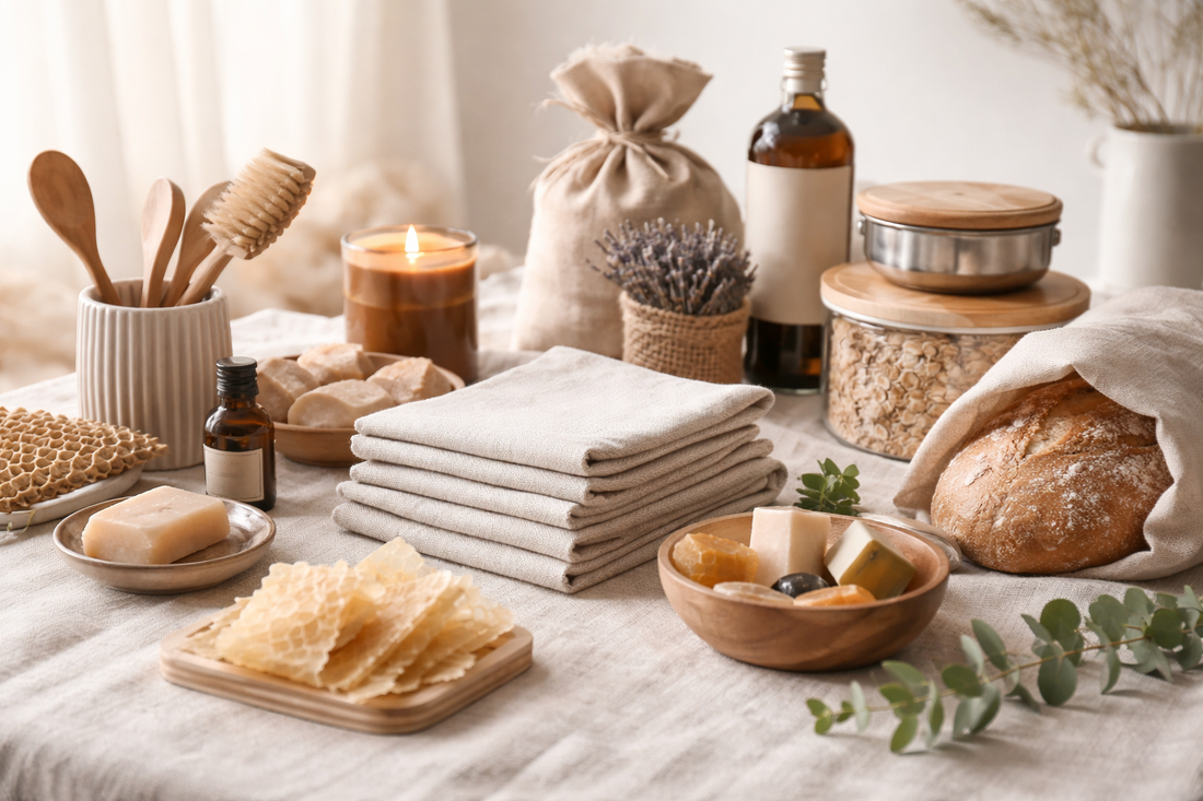 Soft neutral flat lay of natural living essentials including linen towels, beeswax wraps, amber glass bottles, wooden utensils, and handmade soaps on a linen surface.
