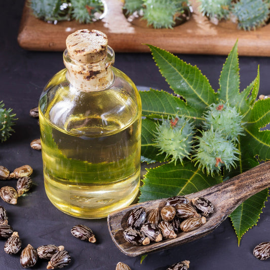 Bottle of castor oil with a cork lid, surrounded by green leaves and seeds on a dark surface.