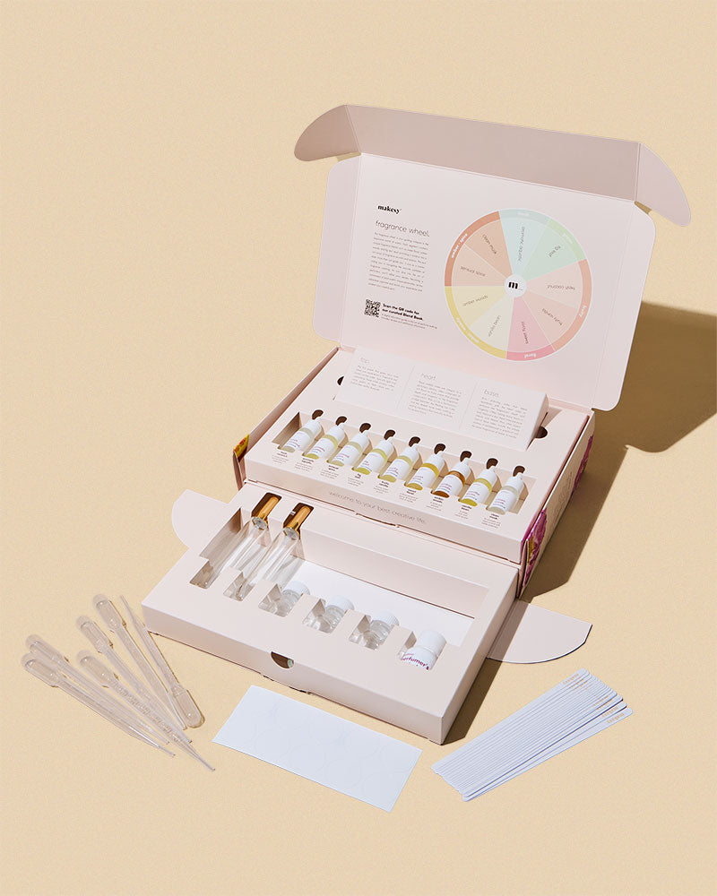 Open skincare kit with vials, applicators, and a color wheel on a beige background
