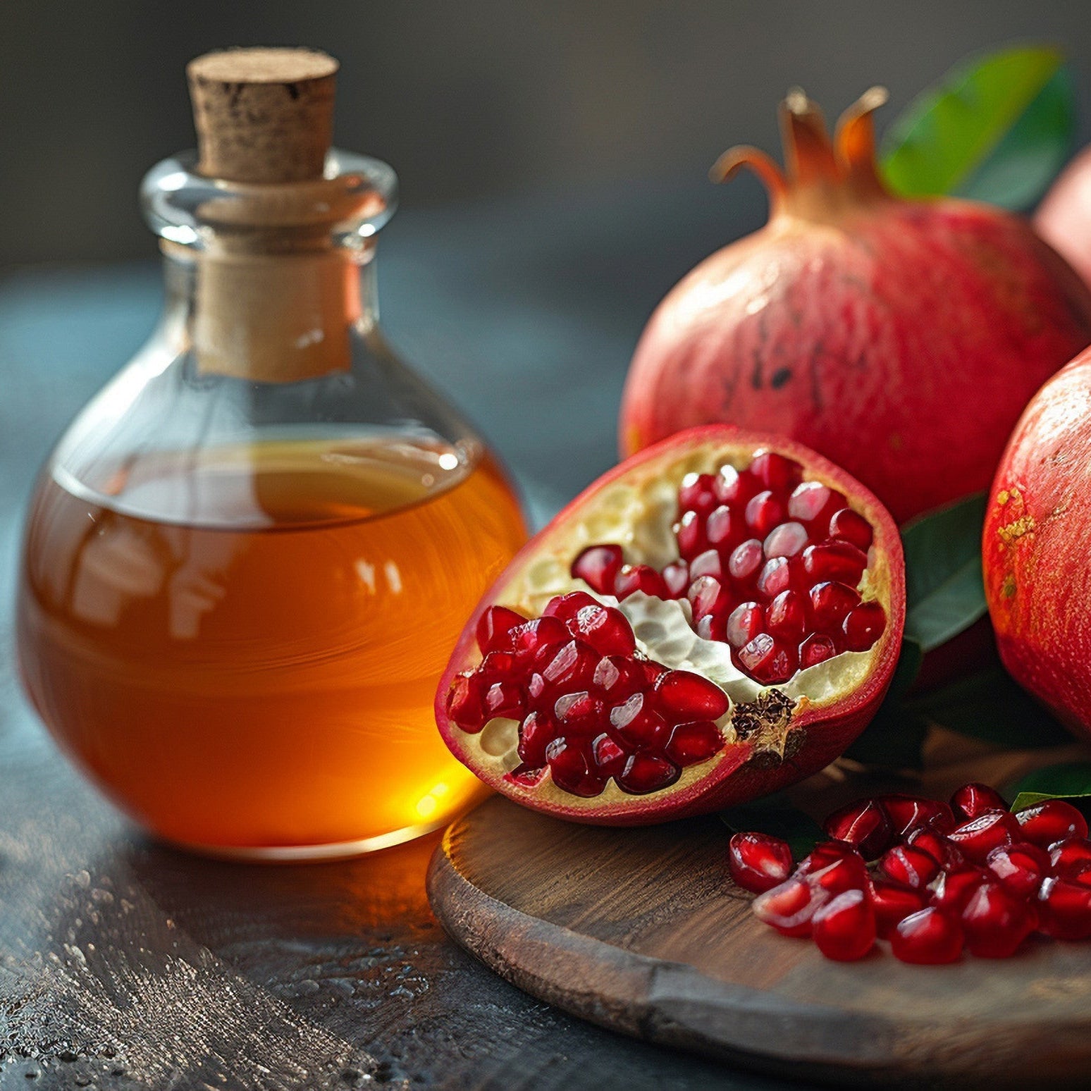 Pomegranate seeds and a bottle of pomegranate oil on a wooden surface