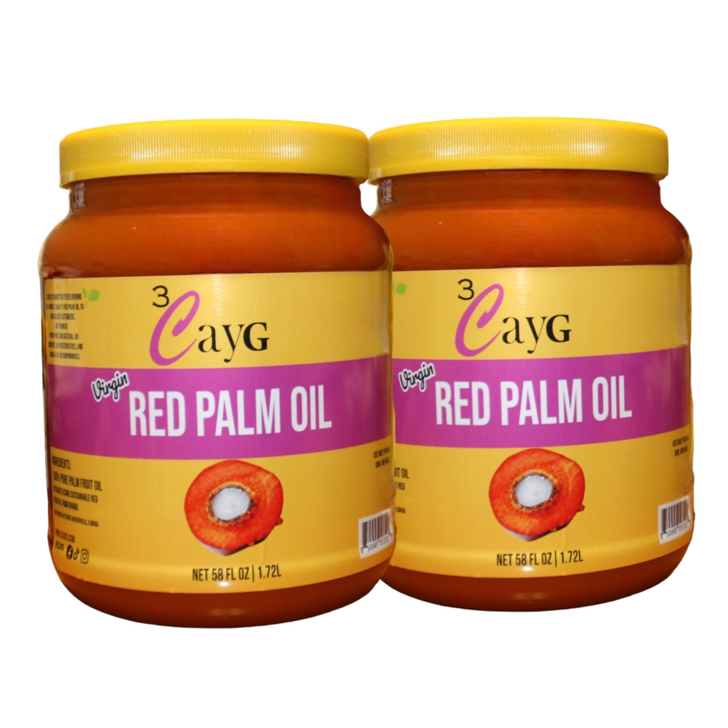Two jars of 3 CayG Red Palm Oil on a white background