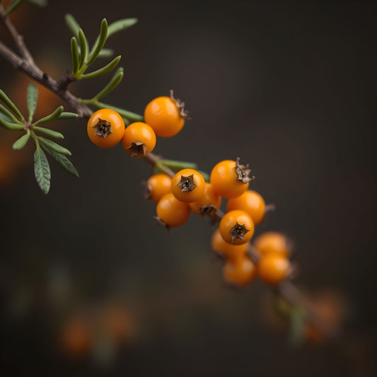 Close-up of orange berries on a branch with a blurred background