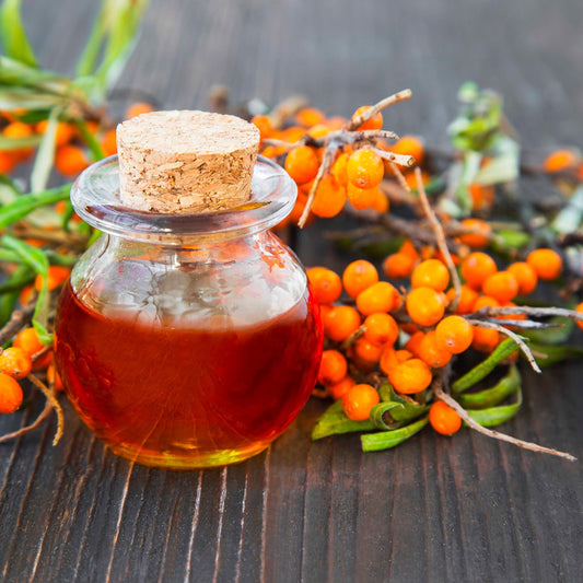 Glass bottle with cork lid containing sea buckthorn fruit oil, surrounded by sea buckthorn berries on a wooden surface