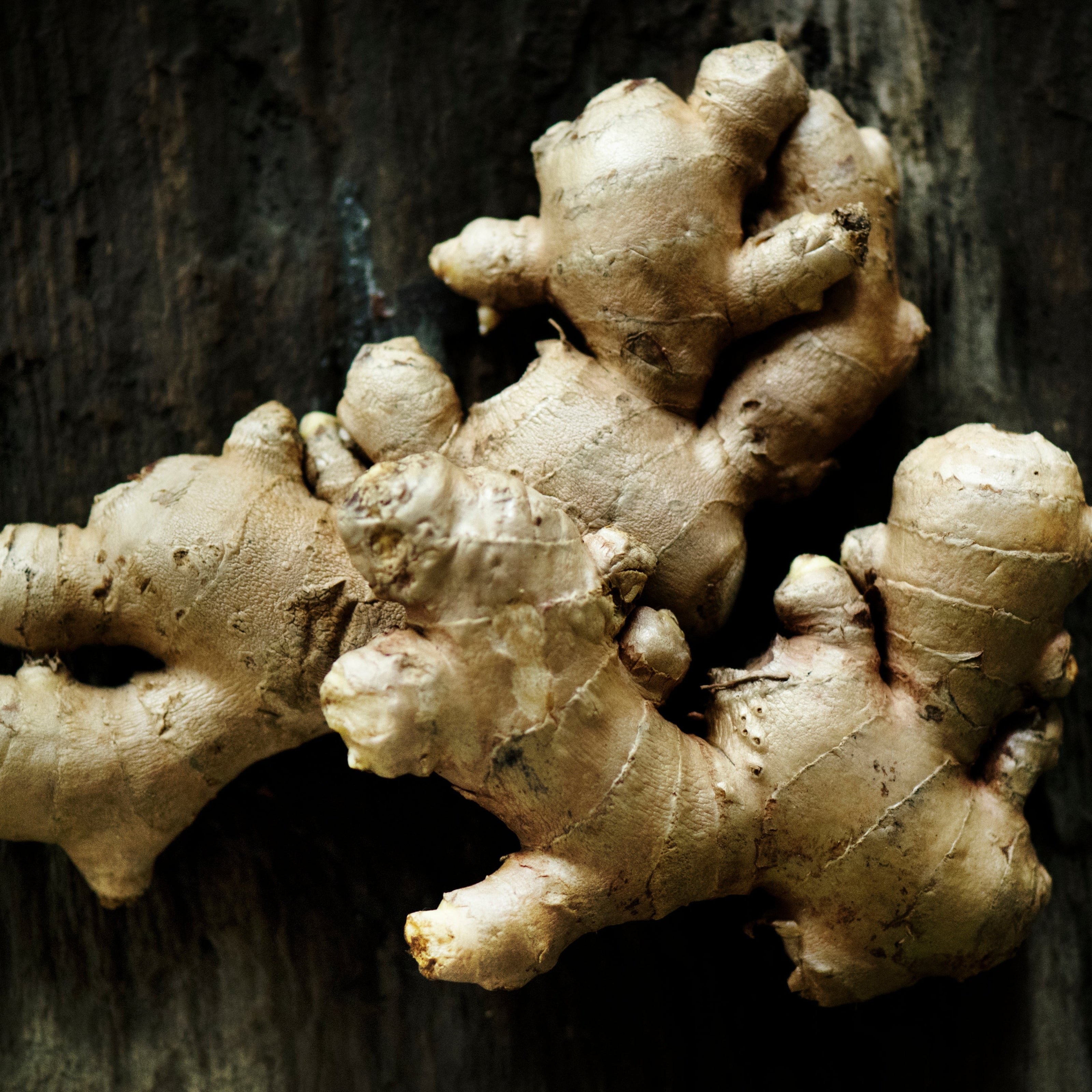 Close-up of fresh ginger root on a dark background