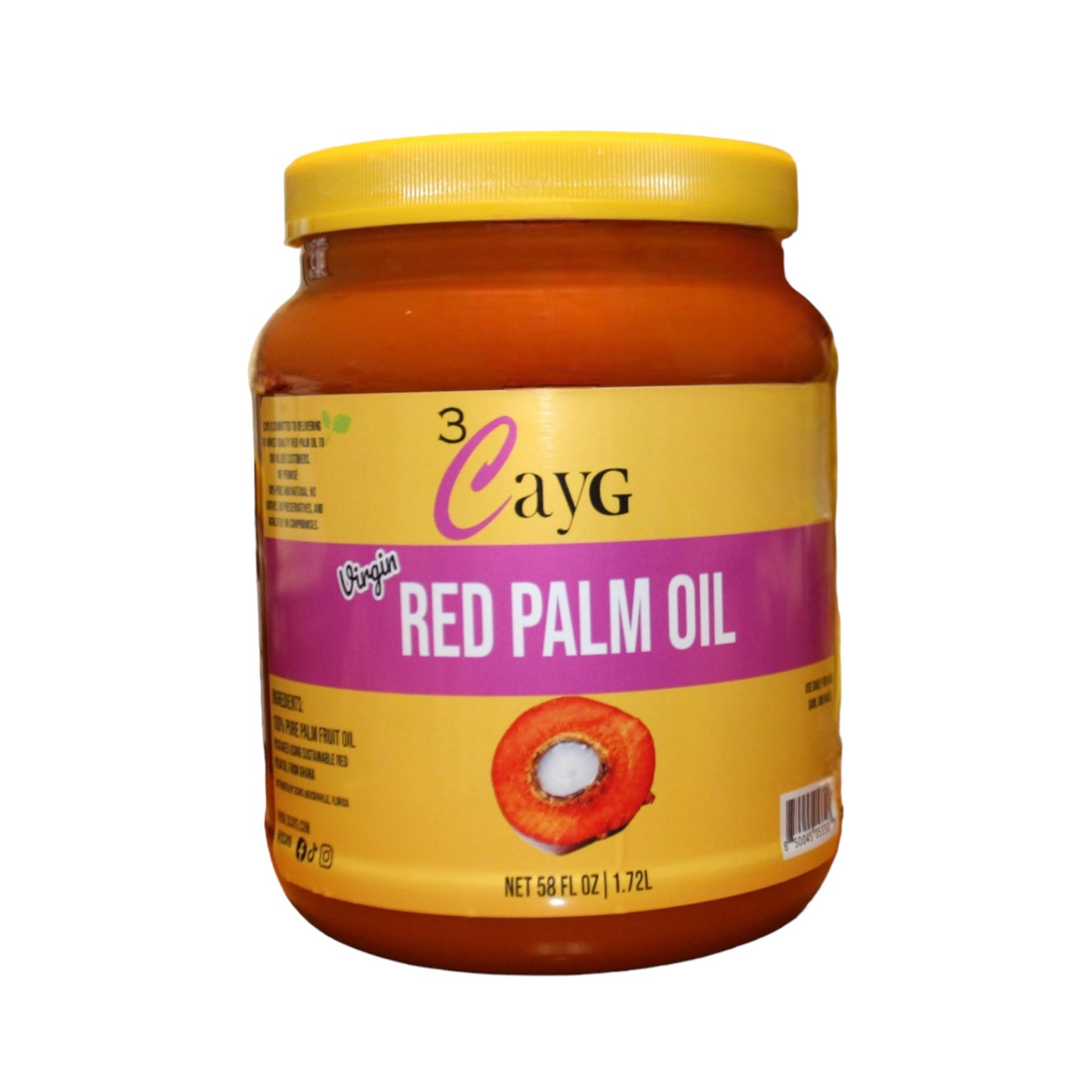 Jar of red palm oil with a yellow lid on a white background