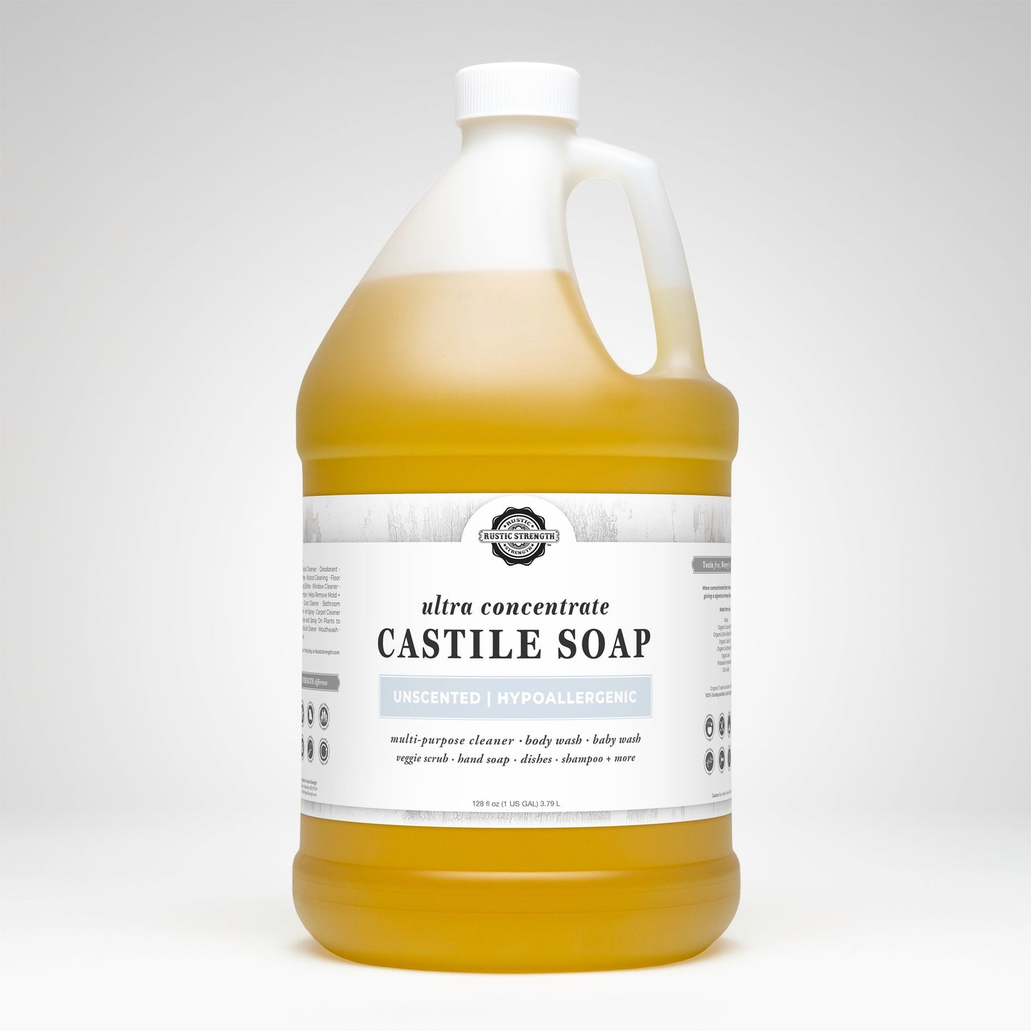 Gallon bottle of Castile soap on a white background