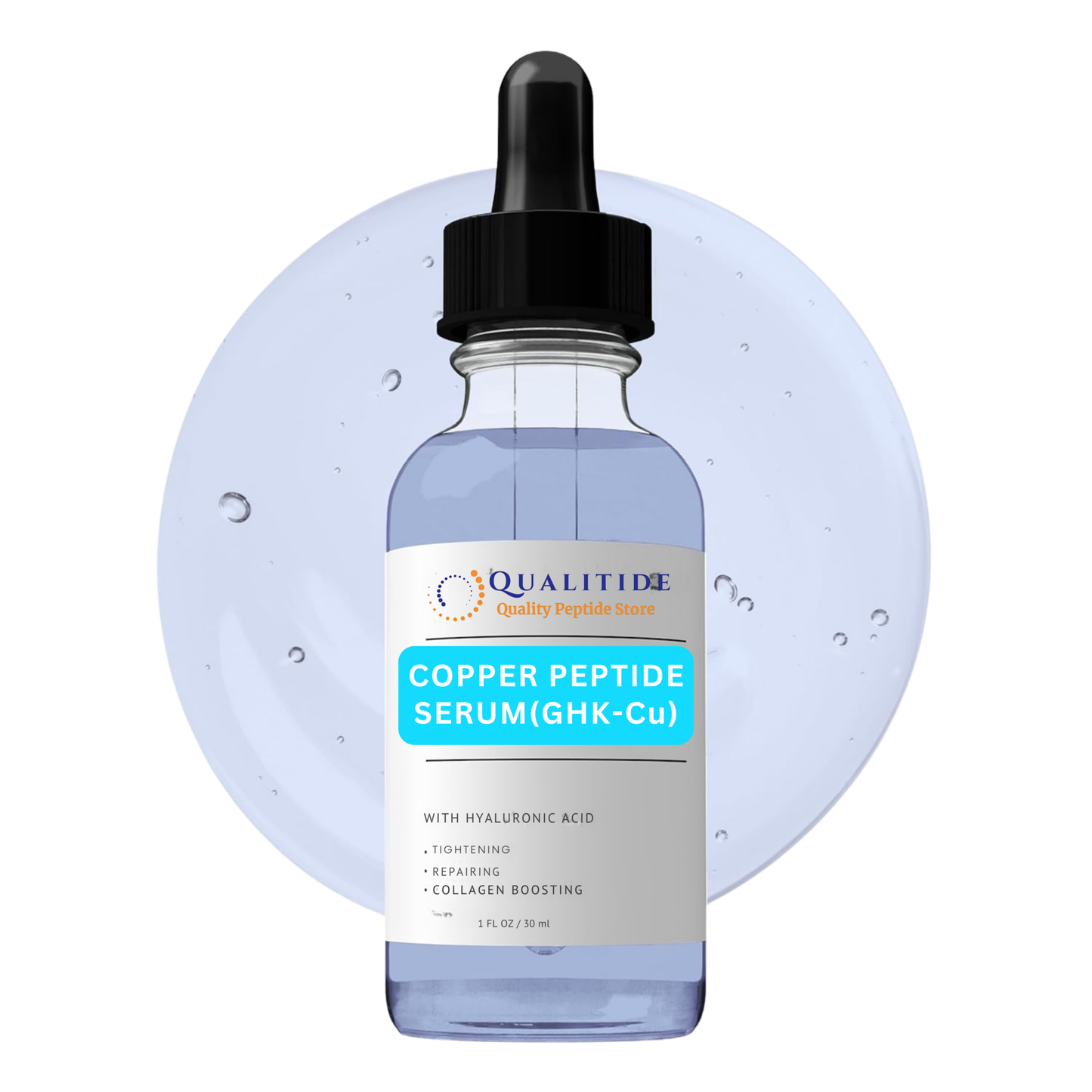 Copper peptide serum bottle with dropper on a light blue background