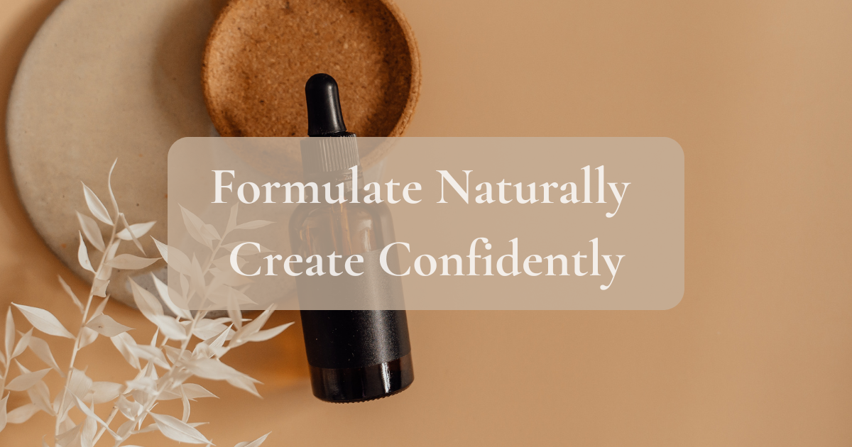 Black dropper bottle on a beige background with text 'Formulate Naturally Create Confidently'.