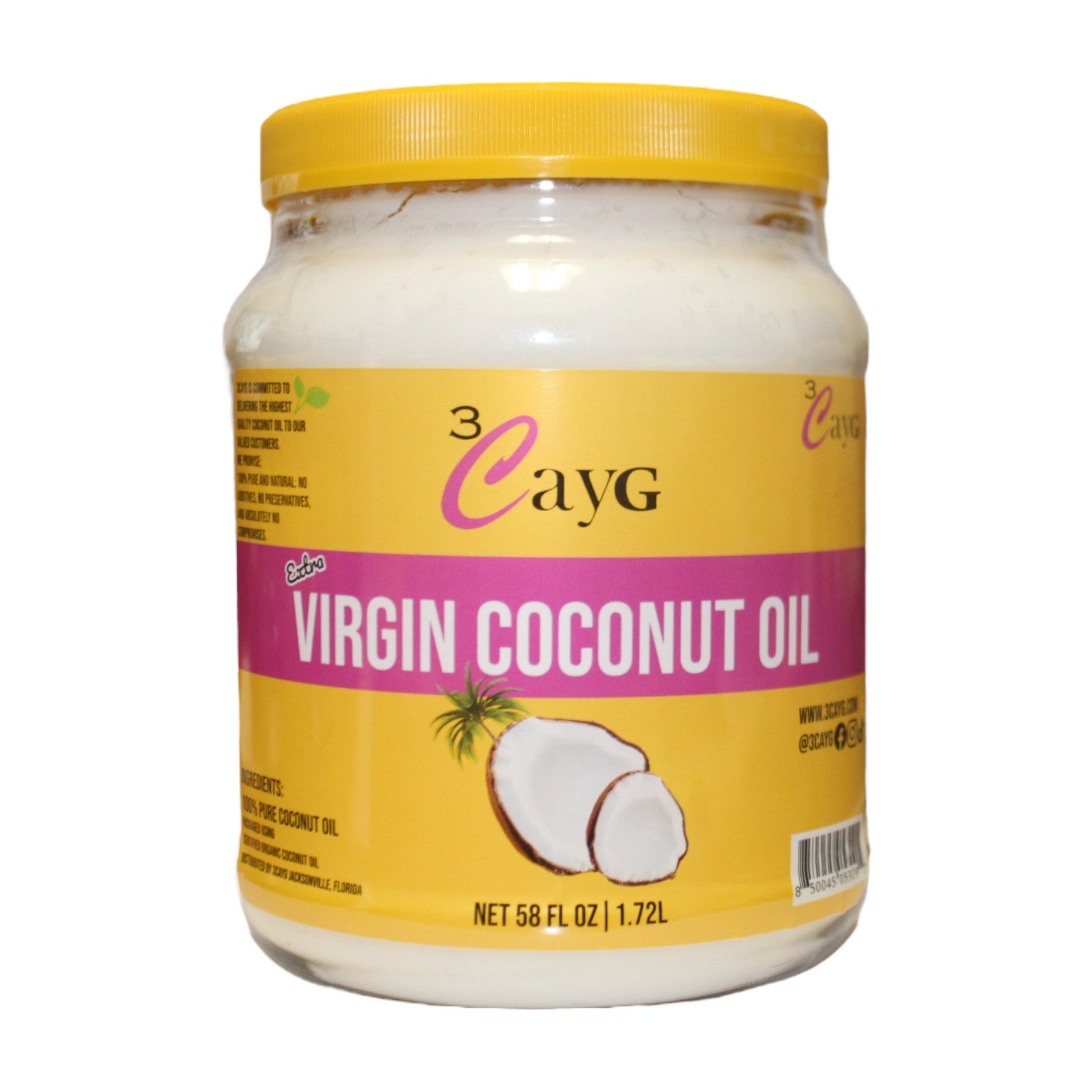 Jar of extra Virgin Coconut Oil with a yellow label on a white background