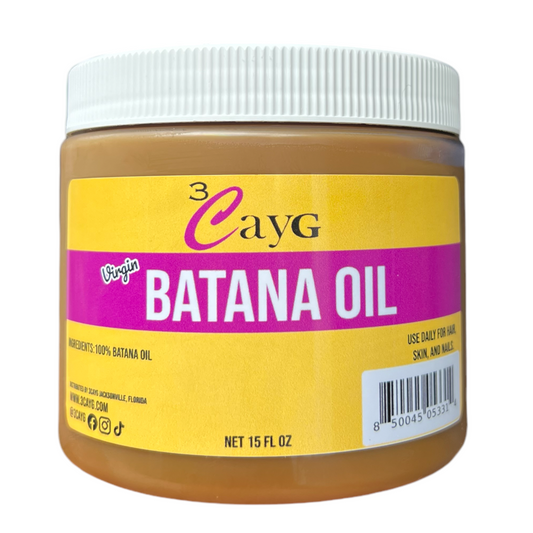 Jar of Batana Oil with a yellow label and white lid on a white background