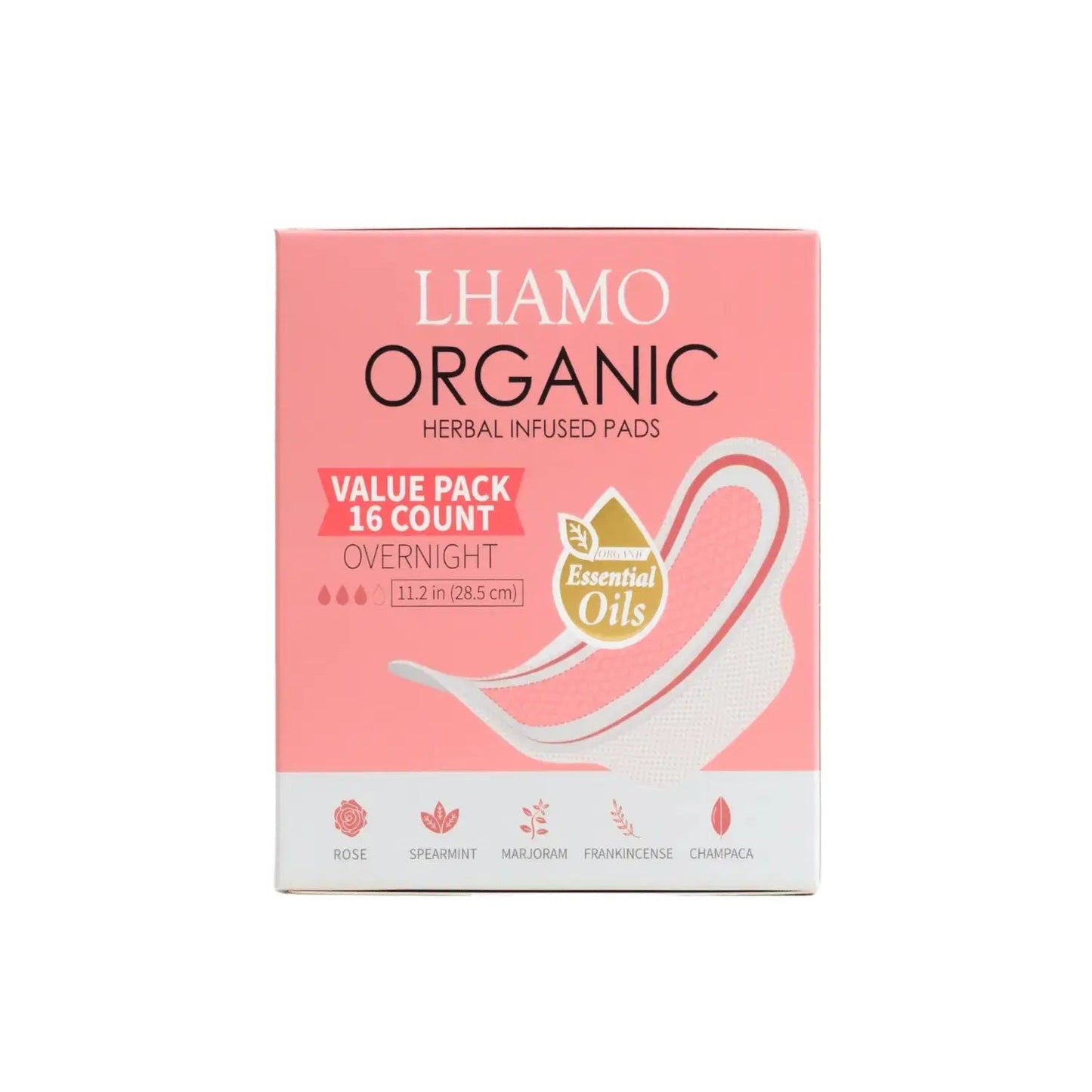 Lhamo Organic herbal infused pads packaging on a white background