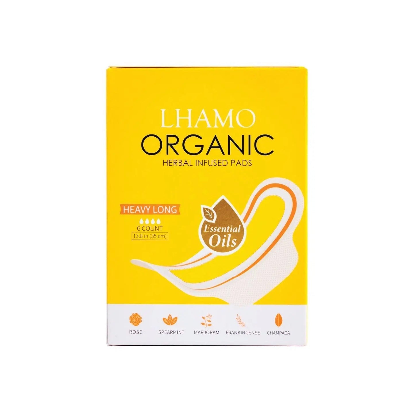 Yellow box of Lhamo Organic herbal infused pads on a white background