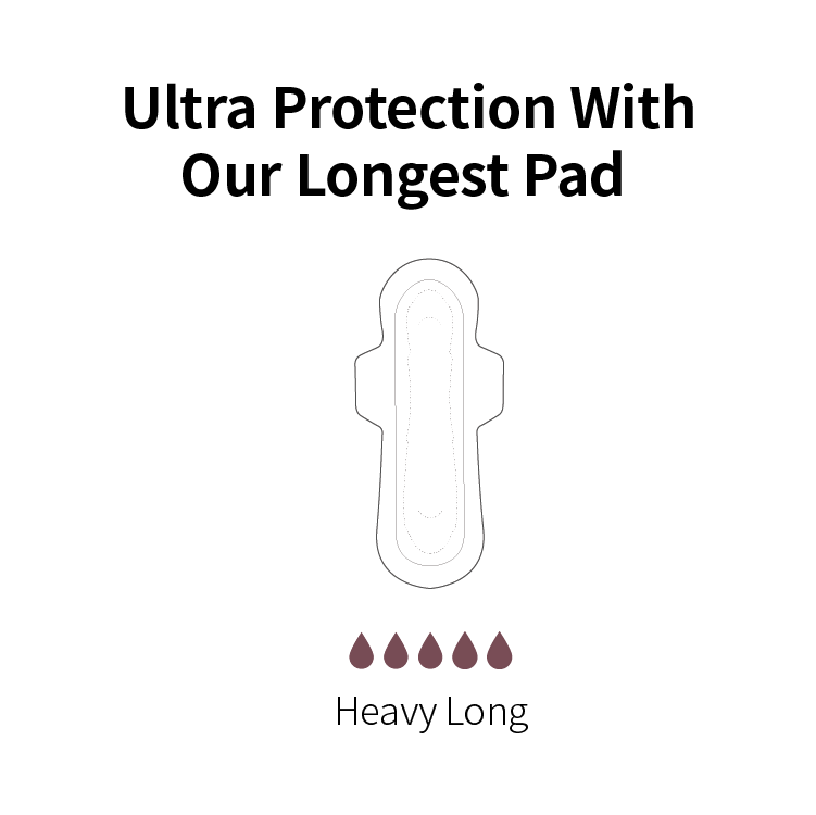 Diagram of a sanitary pad with text 'Ultra Protection With Our Longest Pad' and 'Heavy Long' on a white background.