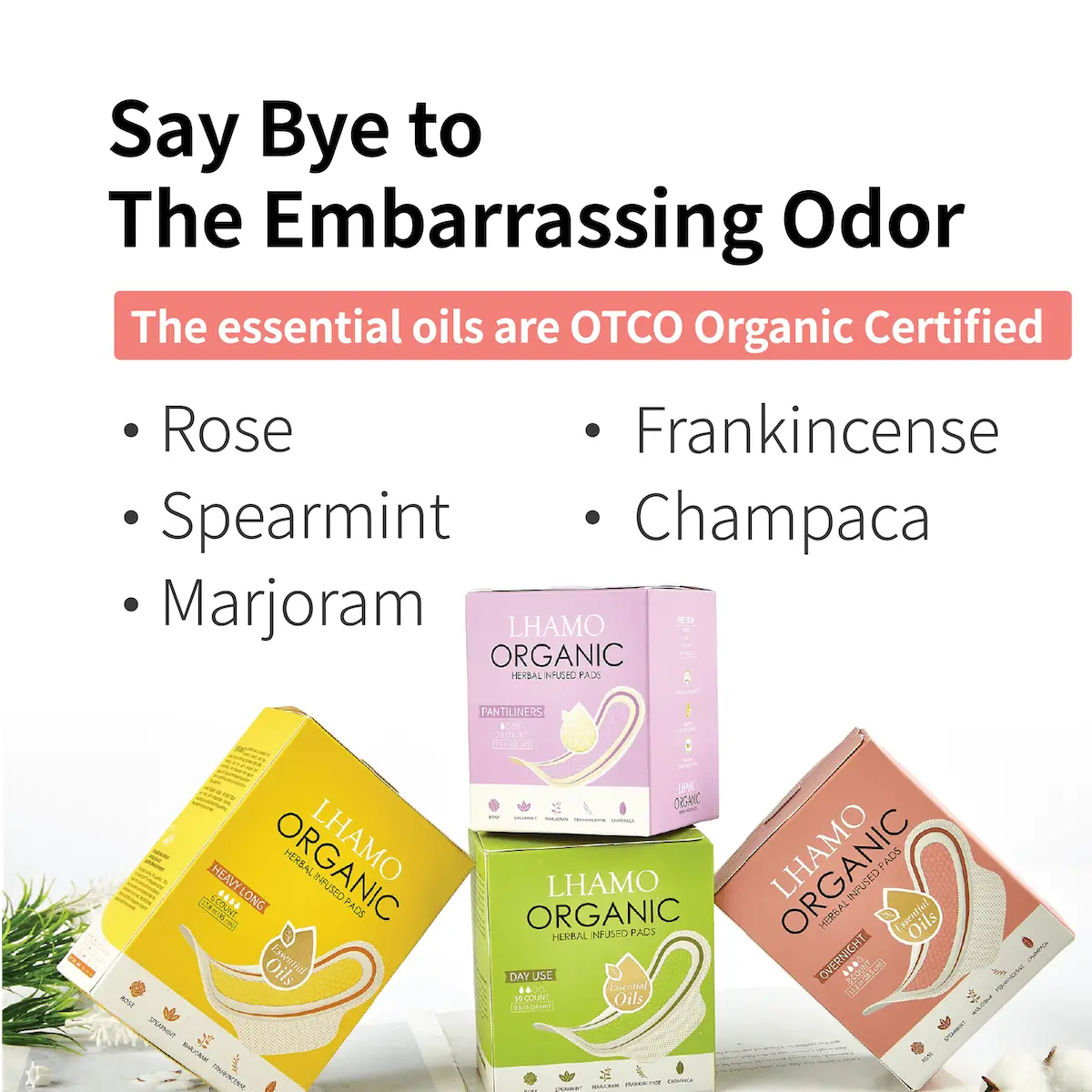 Promotional image of Lhamo Organic essential oil boxes with text about odor relief and certification.