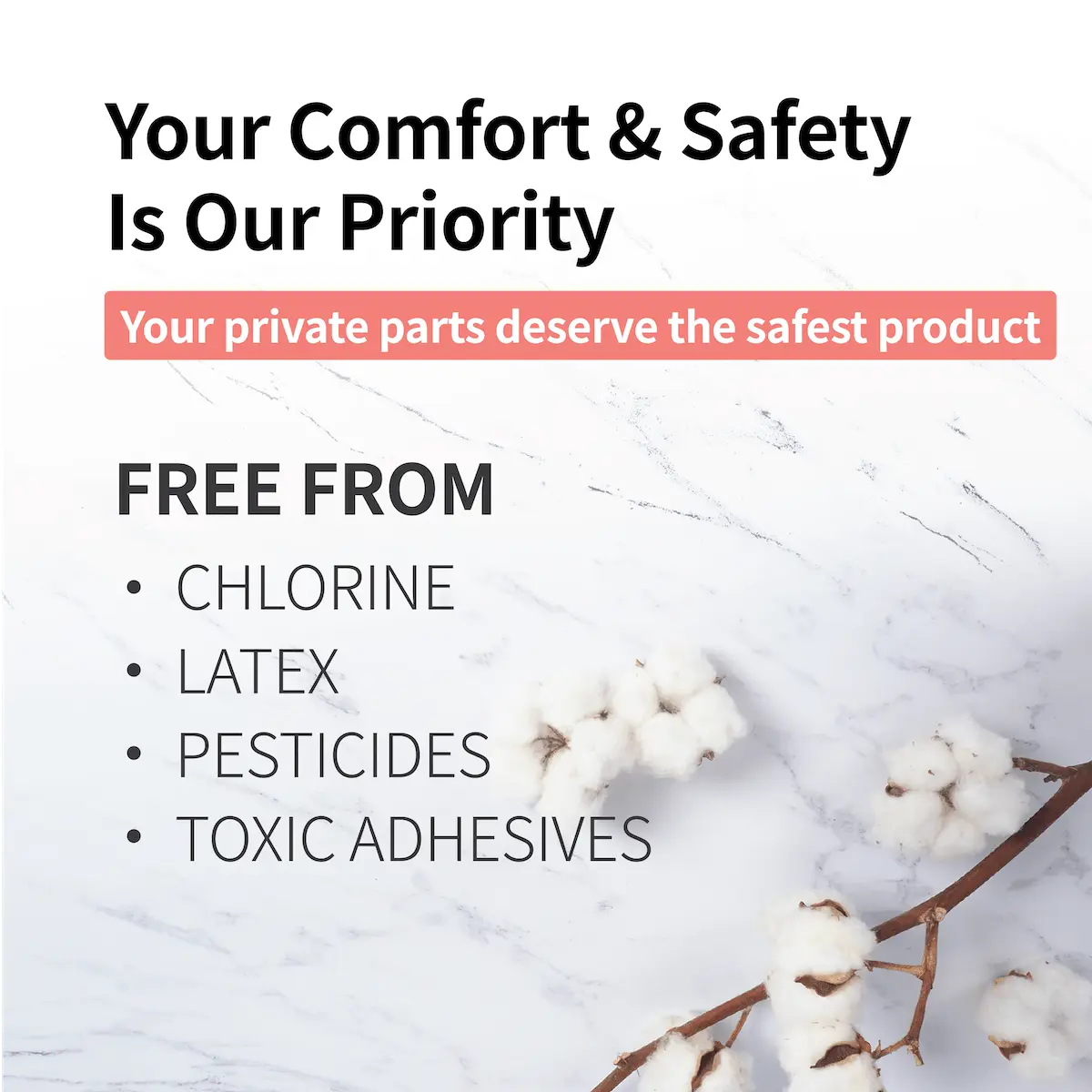 Advertisement highlighting product safety features with cotton plants on a white background
