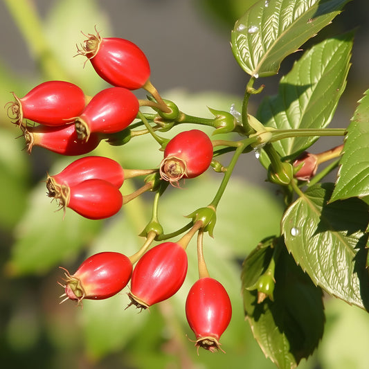 Red rosehips with green foliage and a blurred green background