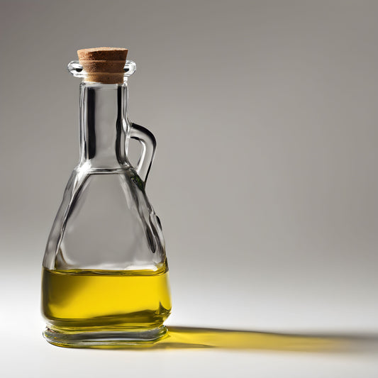 Clear glass bottle with cork lid containing a olive oil on a gradient background
