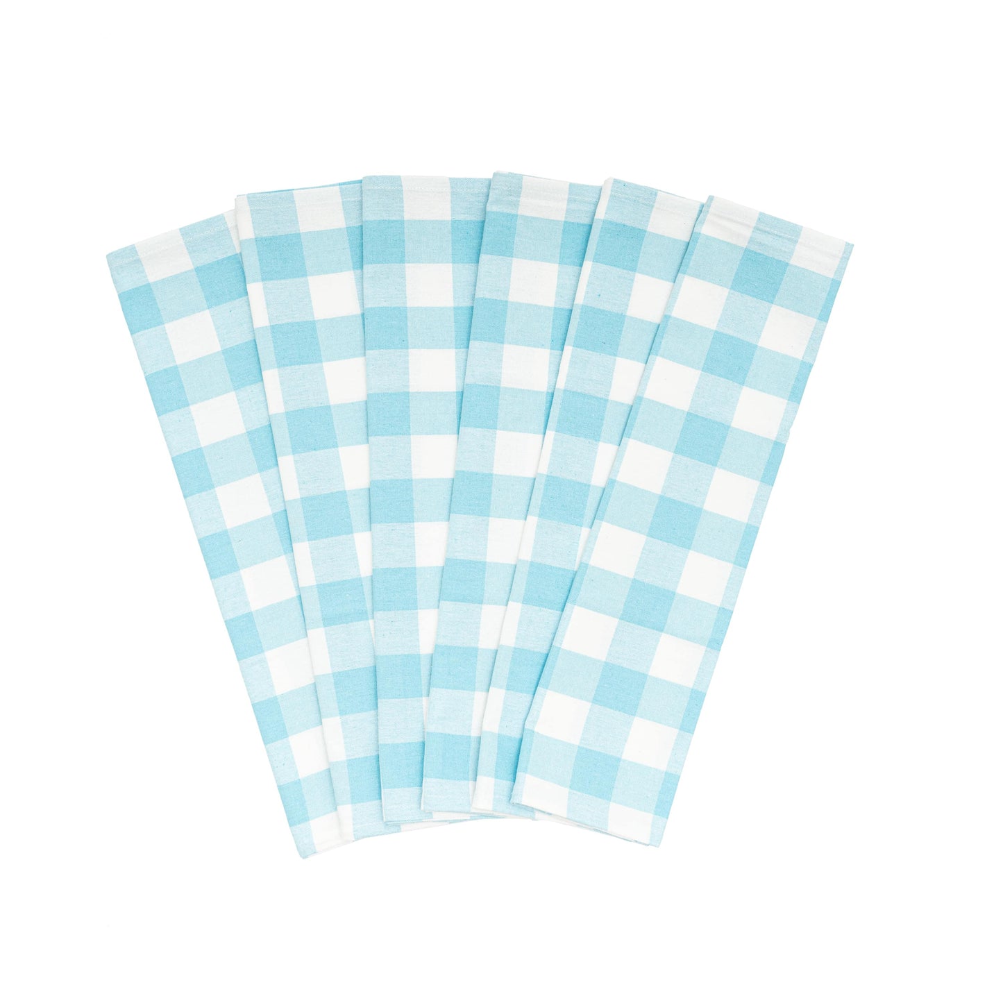 Set of six aqua blue and white checkered napkins on a white background