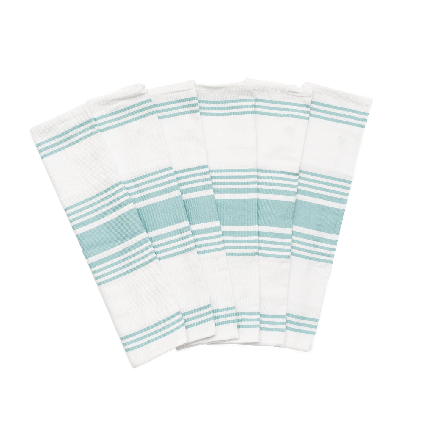Set of six striped towels with aqua blue stripes on a white background