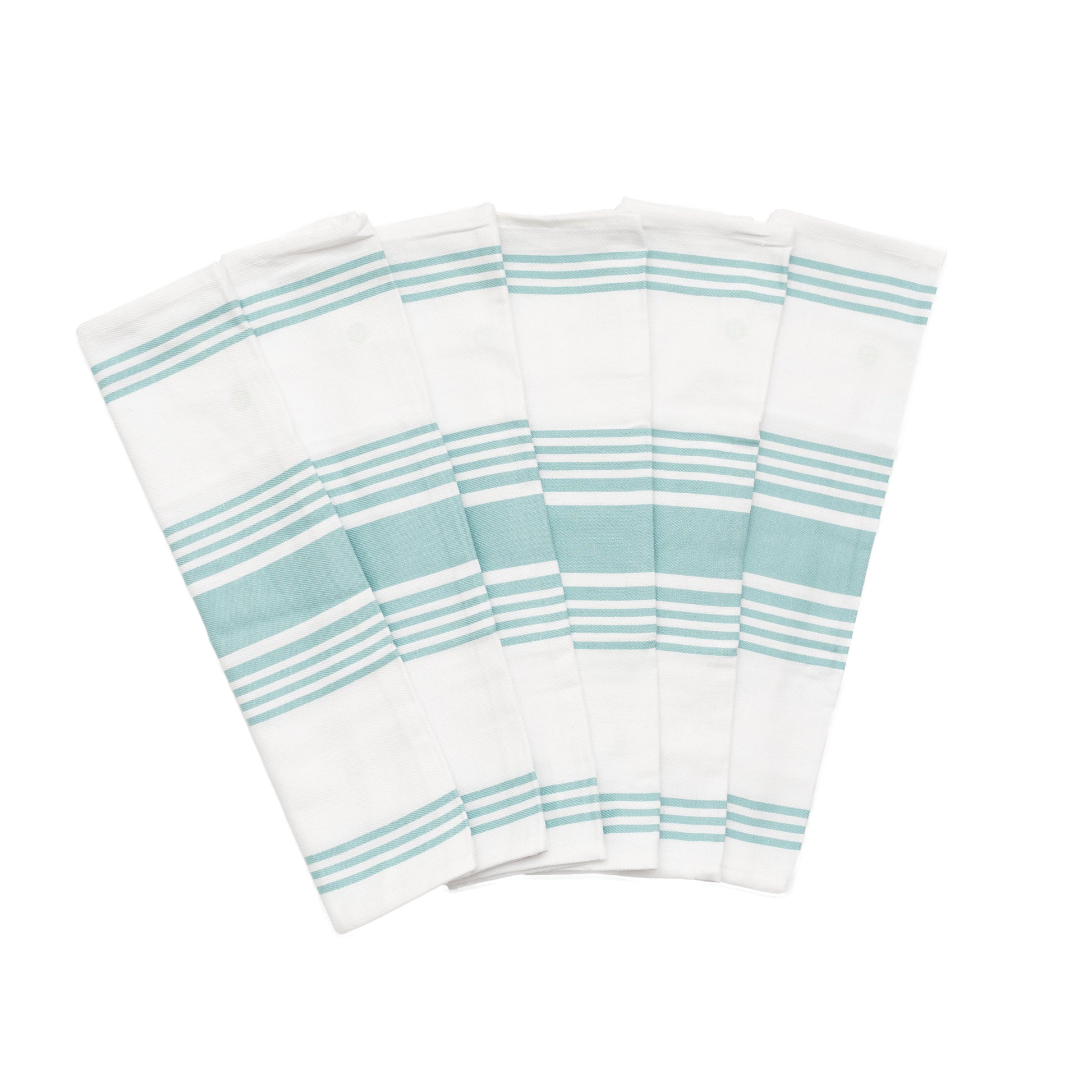 Set of six striped towels with aqua blue stripes on a white background