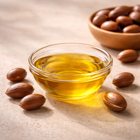 Clear glass bowl of golden Moroccan argan oil on a neutral background, highlighting its rich color and natural purity.