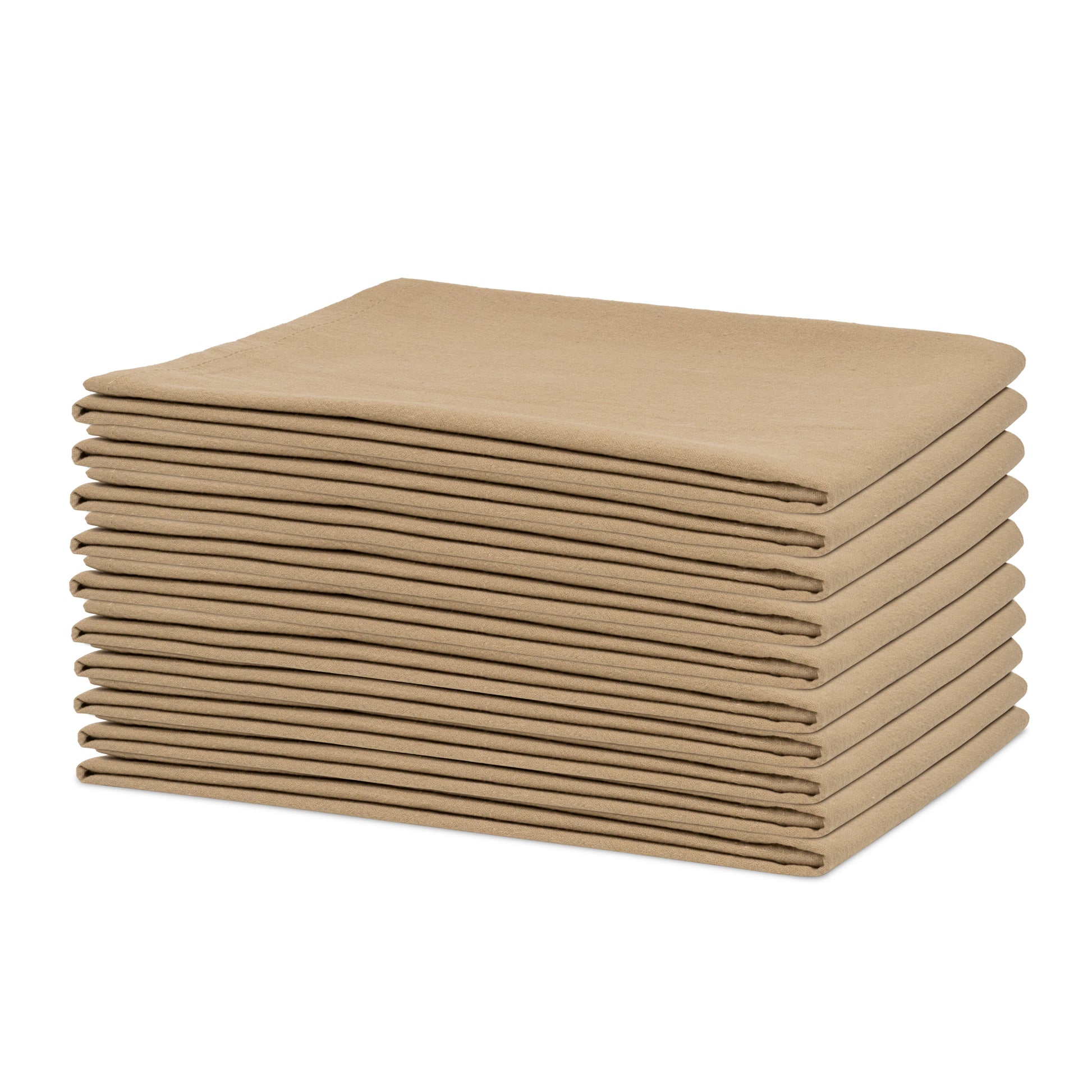 Stack of beige folded cloths on a white background