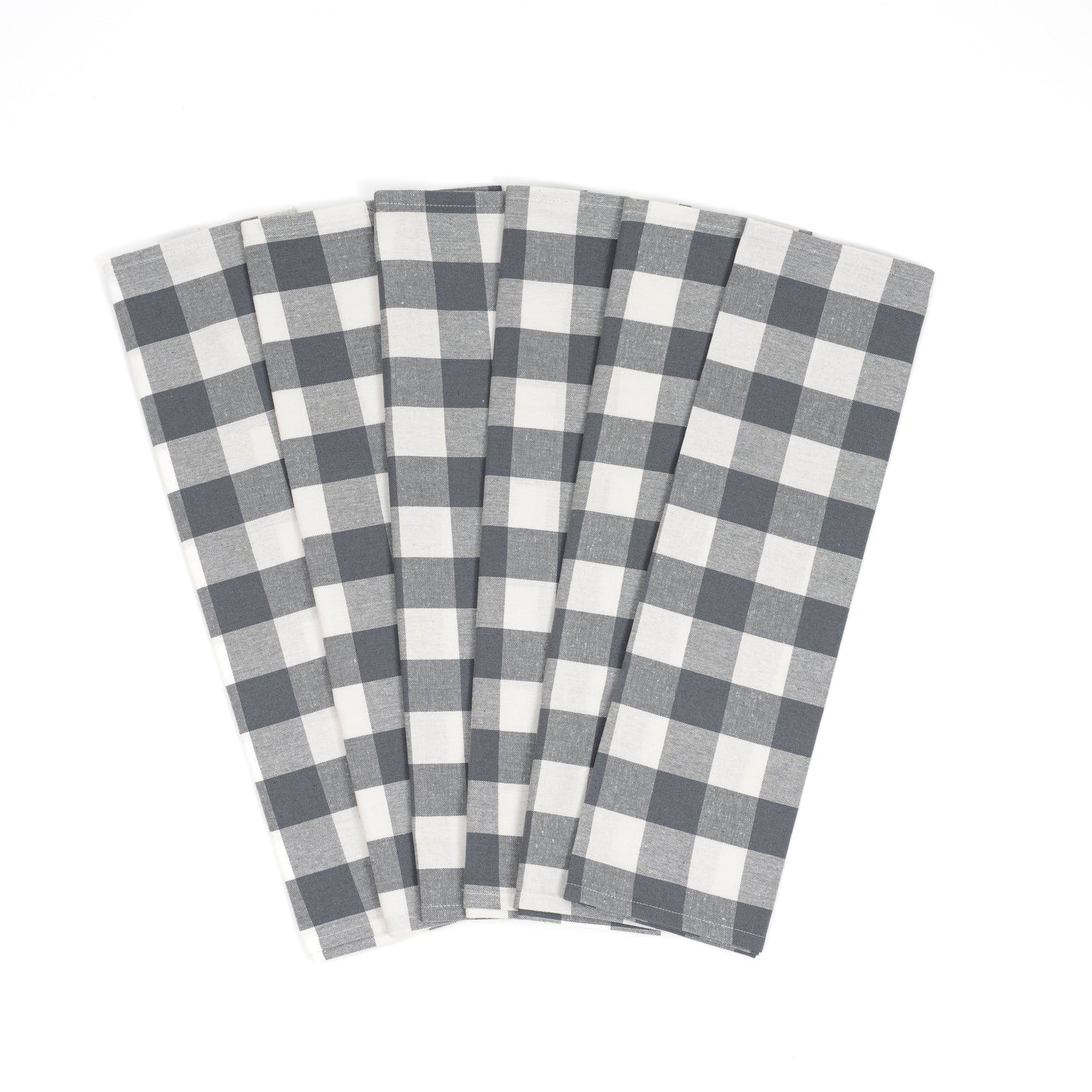 Six gray and white checkered napkins on a white background