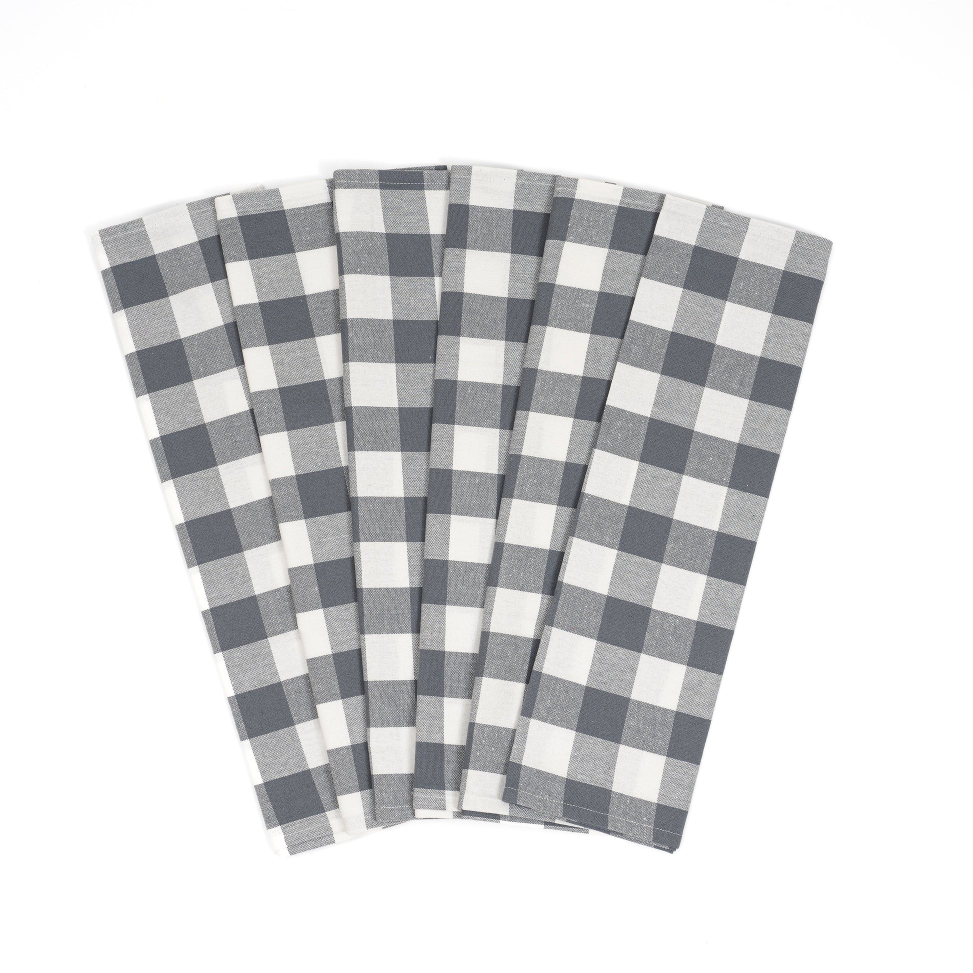 Six gray and white checkered napkins on a white background