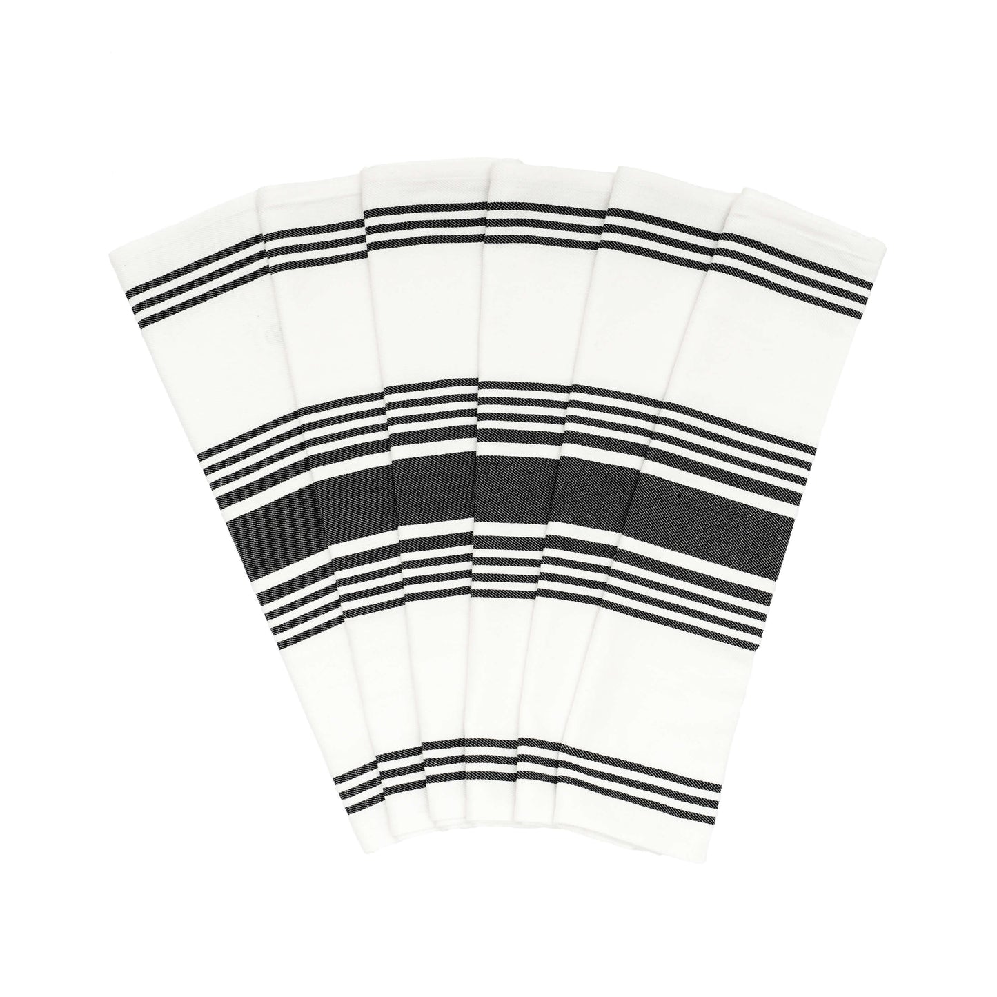 Set of black and white striped towels on a white background