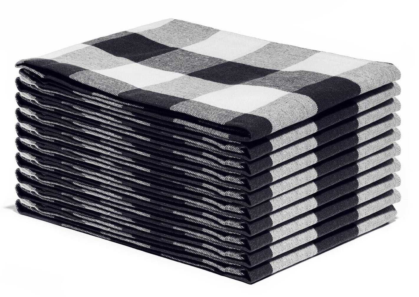 Stack of black and white checkered towels on a white background