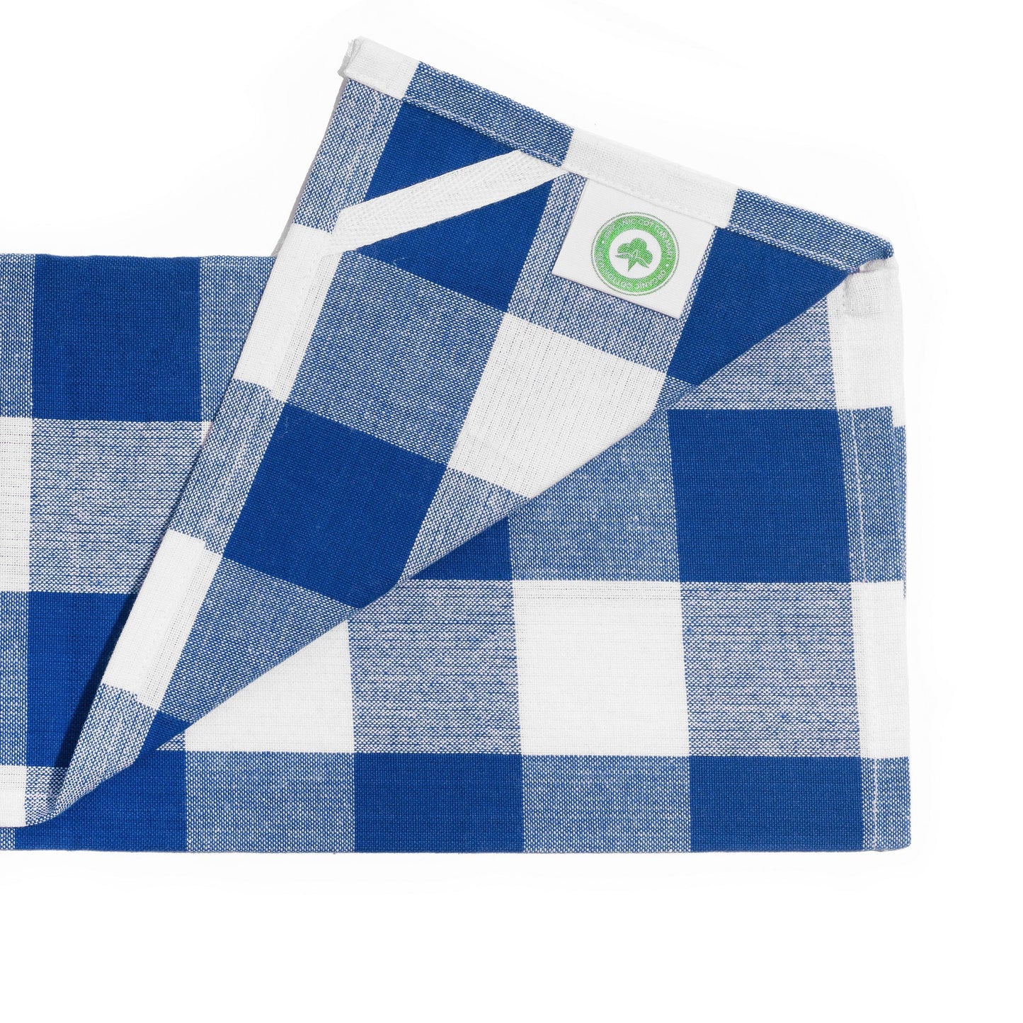 Blue and white checkered fabric with a green logo on a white background