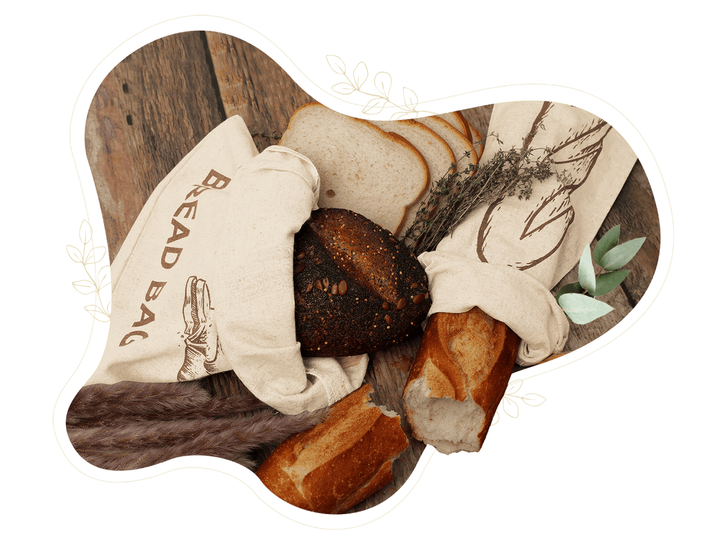 Assorted bread on a wooden board with a bread bag, surrounded by decorative elements on a green background.