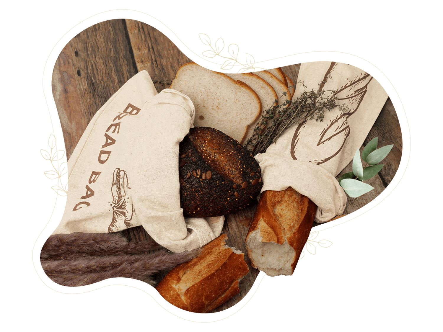 Assorted bread on a wooden board with a bread bag, surrounded by decorative elements on a green background.