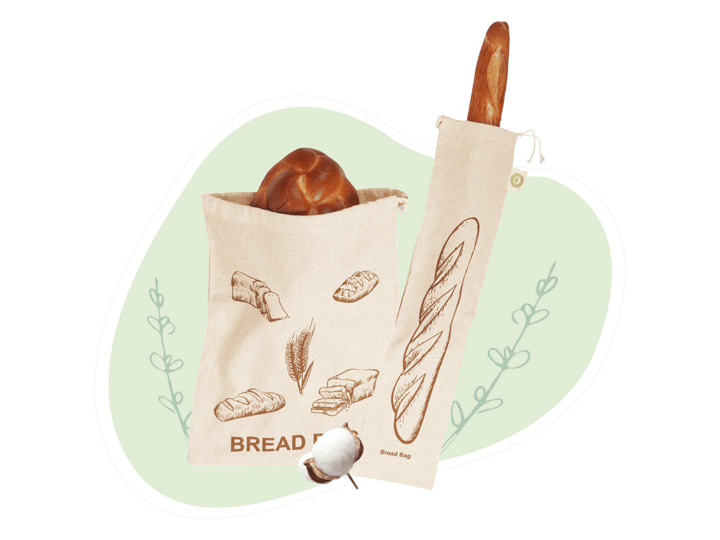 Two bread bags with bread illustrations on a green background