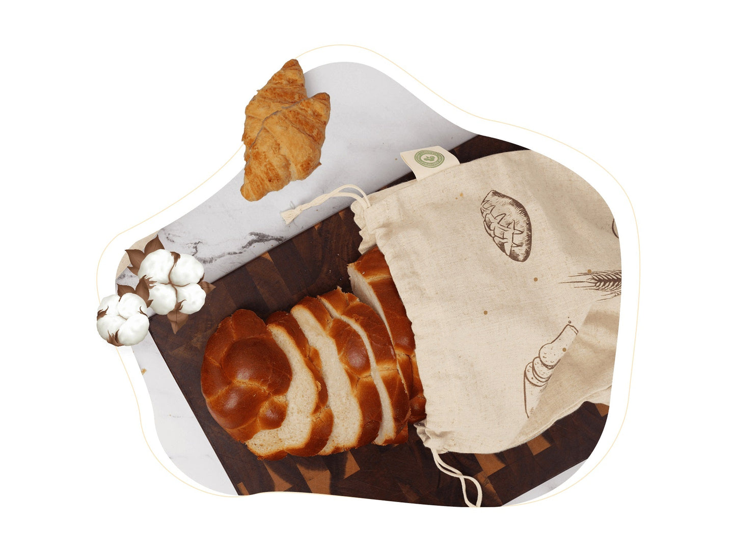 Bread-themed product with a loaf of bread, a baguette, and a bag on a white background