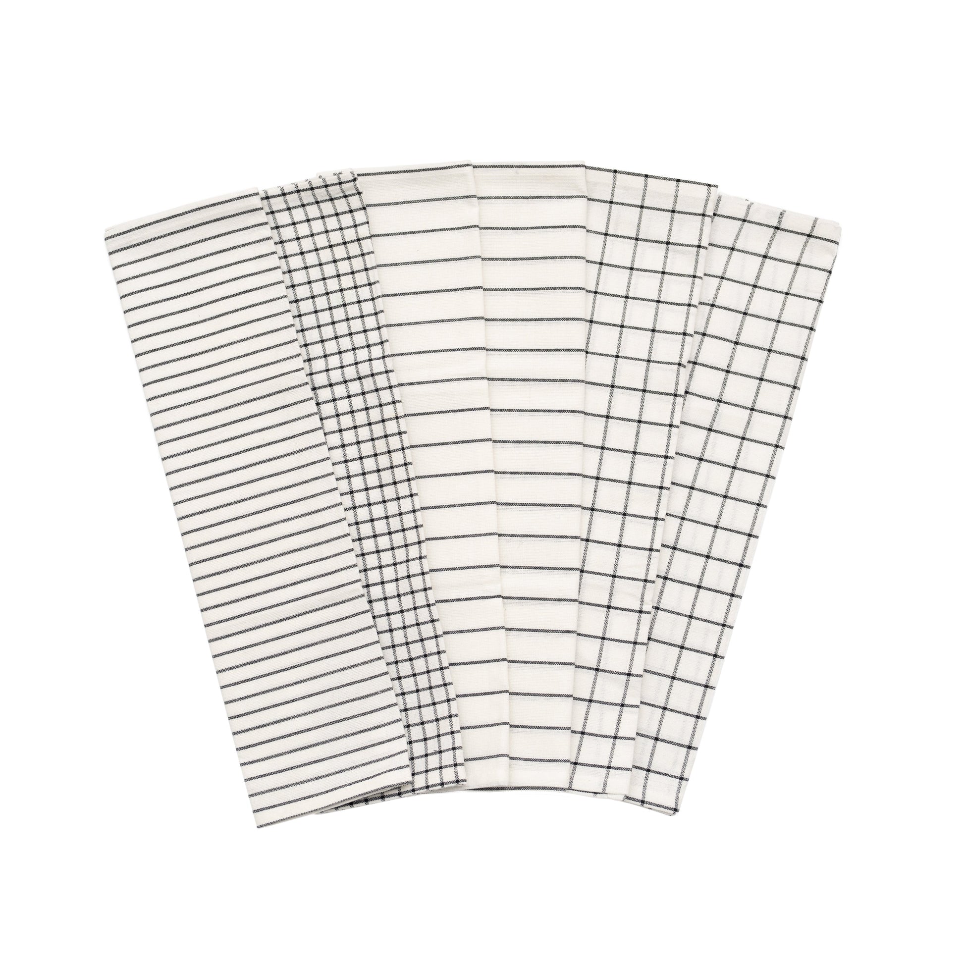 Set of six black and white checkered towels on a white background