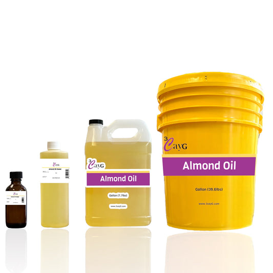 Collection of almond oil products including a small bottle, a jar, and a large yellow bucket on a white background.