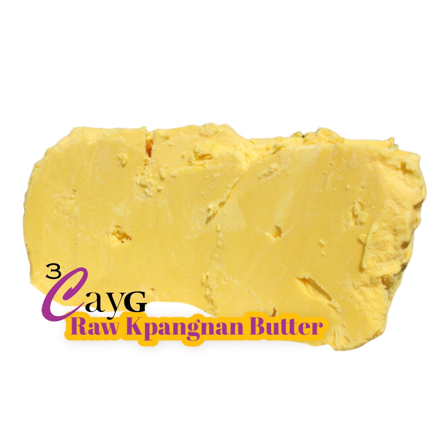 Block of yellow raw kpangnan butter with '3 CayG' branding on a white background