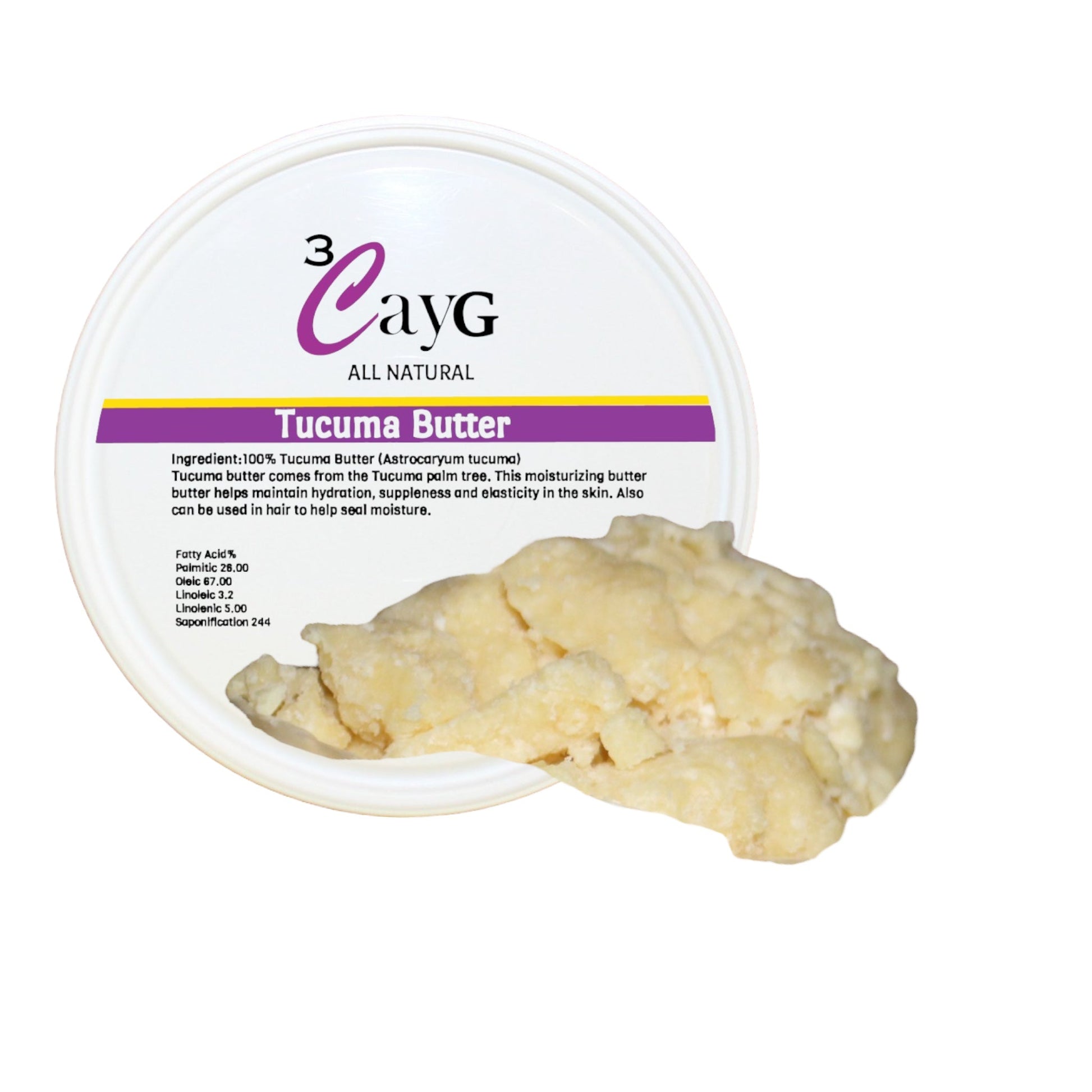 Tucuma butter with a container labeled '3 CayG' on a white background