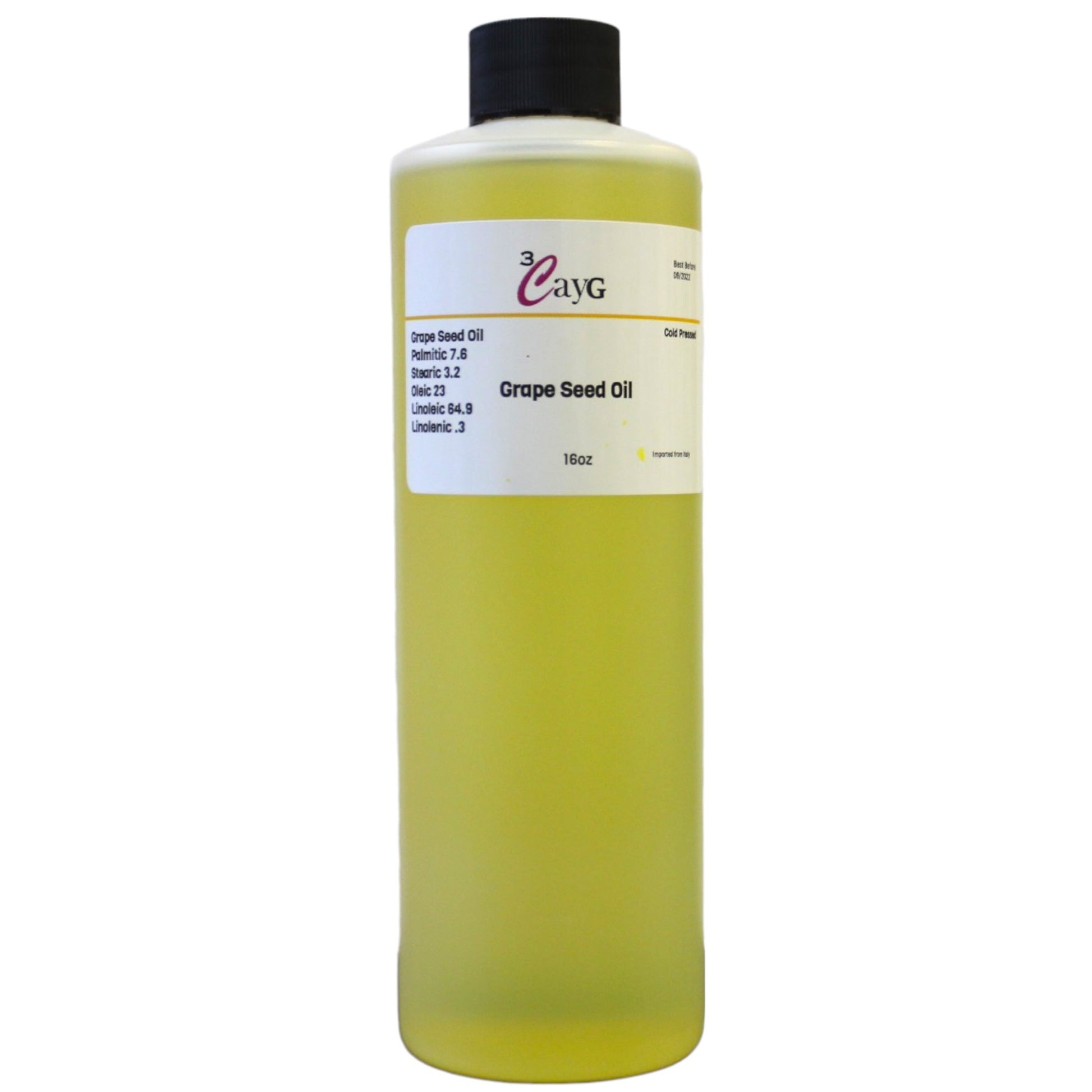Bottle of grape seed oil with a label on a white background