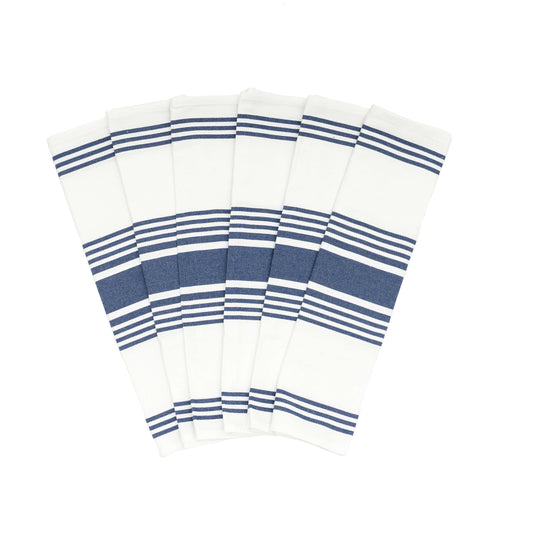 Set of six white napkins with blue stripes on a white background